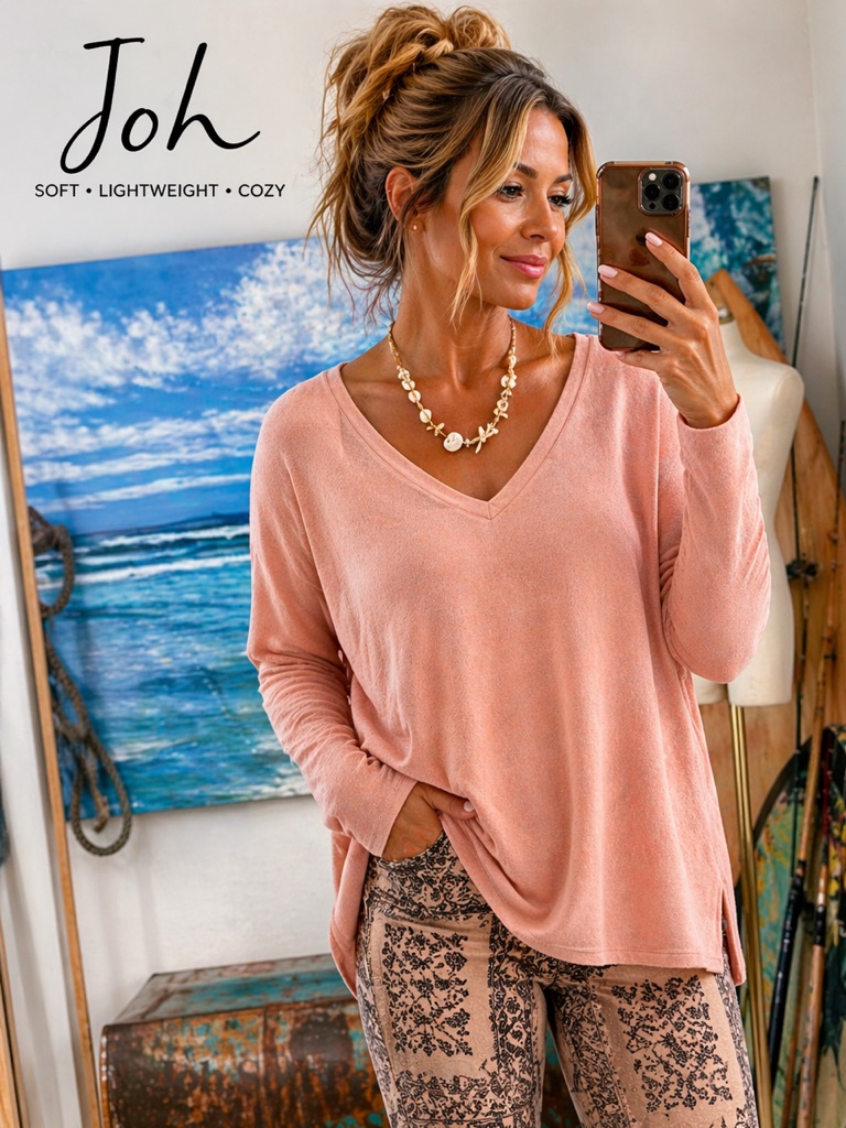 Joh,Soft Peach Blush Brushed Knit Long Sleeve V-Neck Cozy Lightweight Top Size M